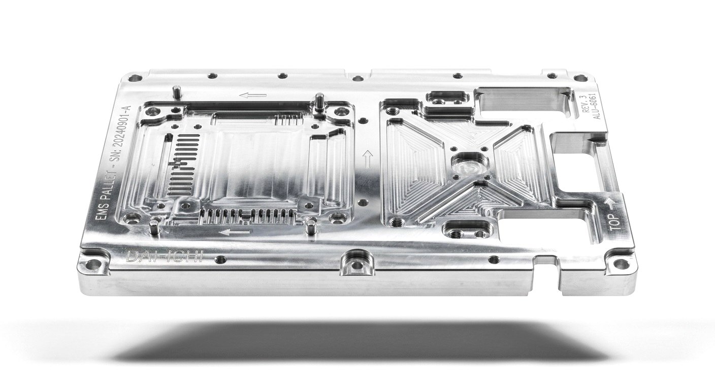 Precision CNC-machined aluminium EMS pallet by Dai-Ichi Auto Industries